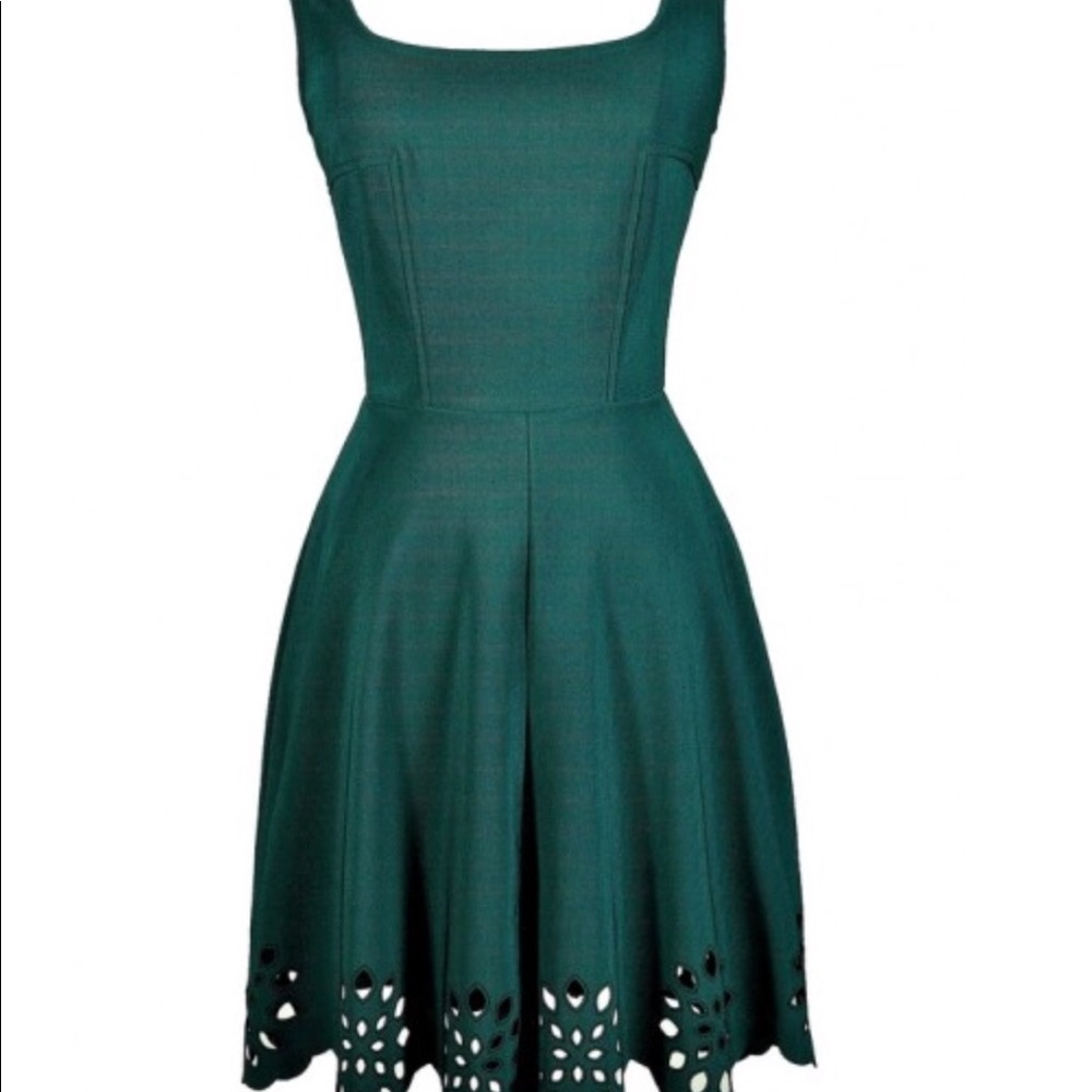 Hunter Green Short Dress With Laser Cutout Hem